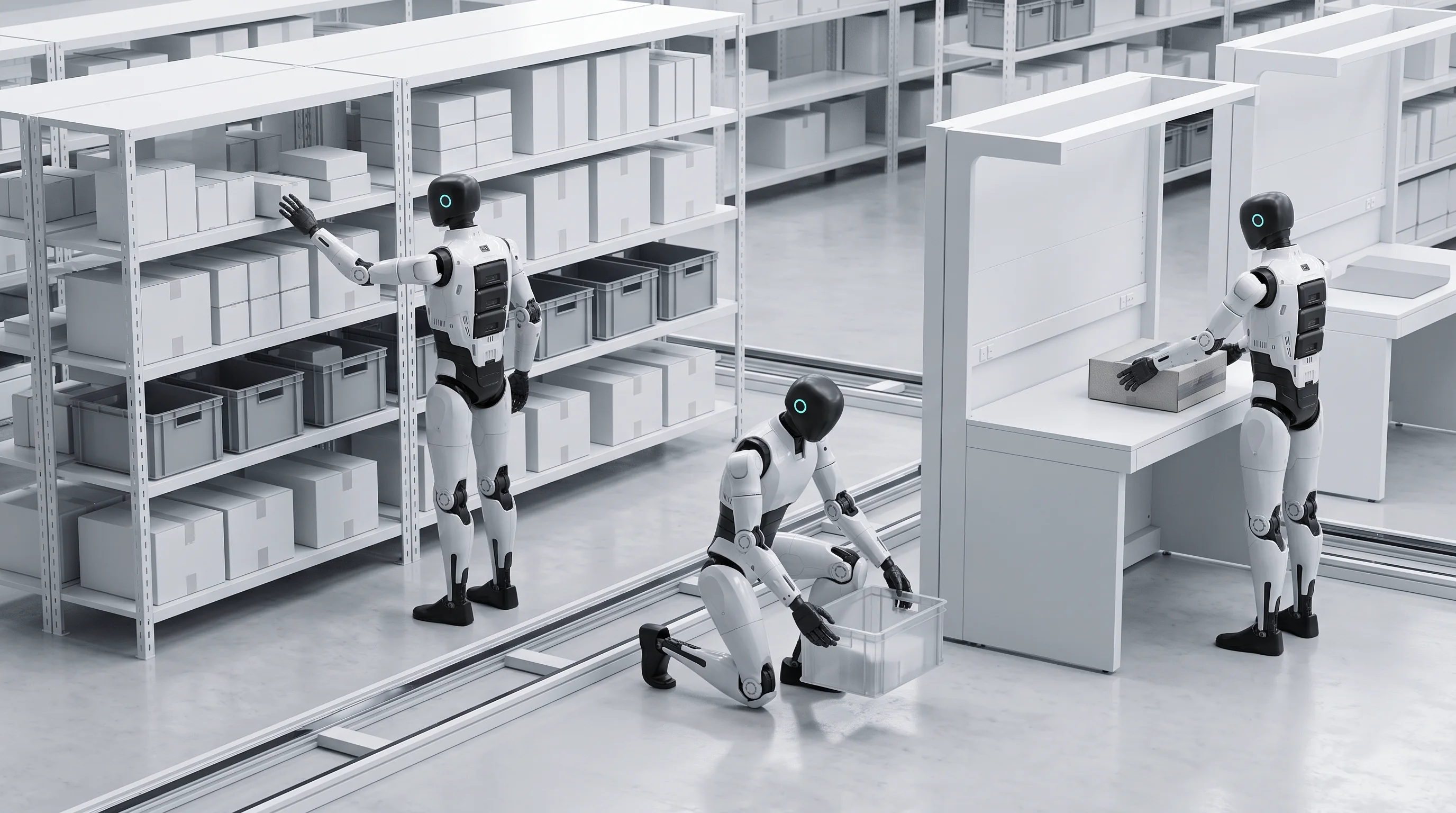 Three POLCERO humanoids working together in a modern warehouse